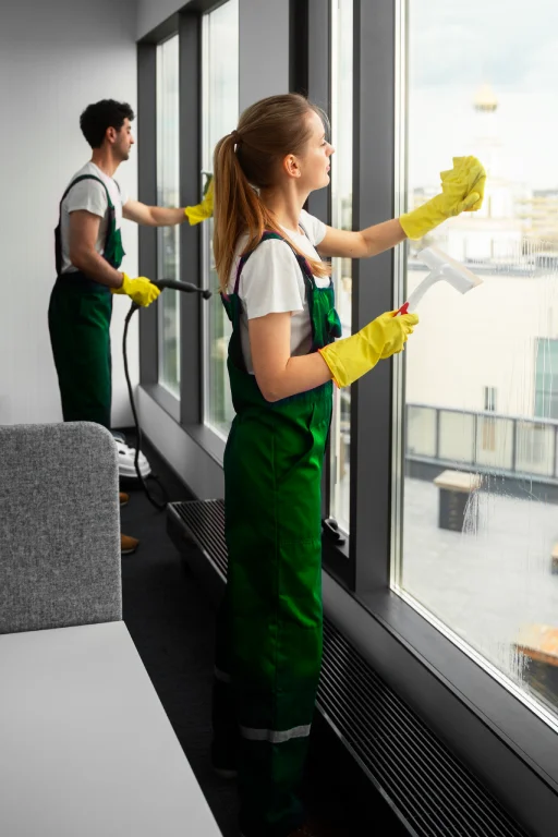 Deux agents nettoyant les vitrages d’un plateau technique
