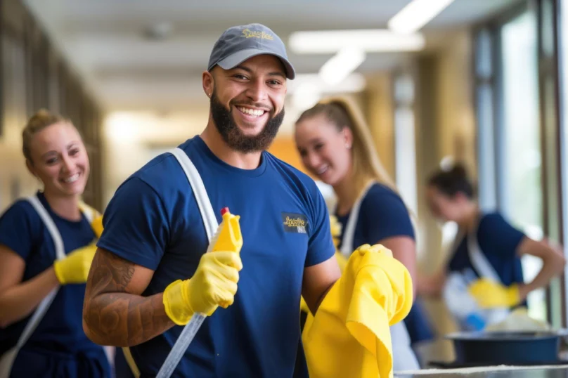Équipe d’entretien dans un hall d’immeuble